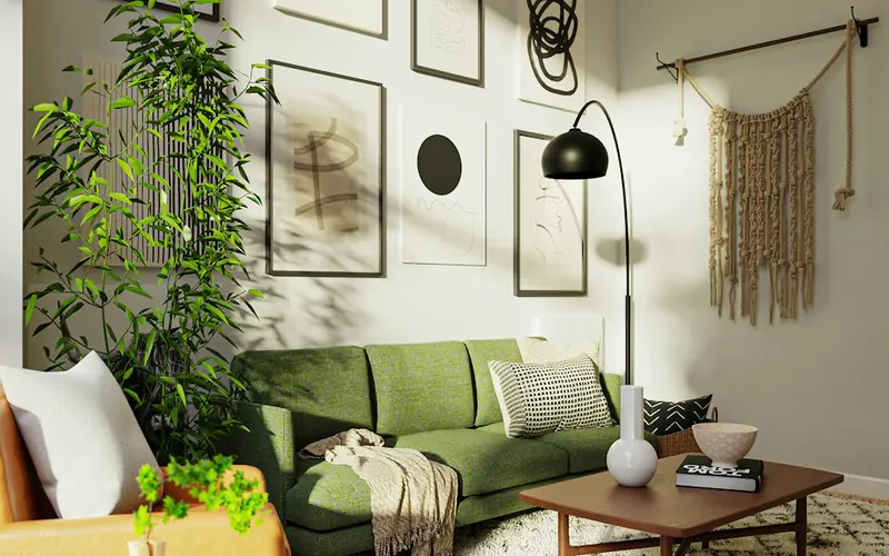 Bright living room with a green sofa and freshly painted walls