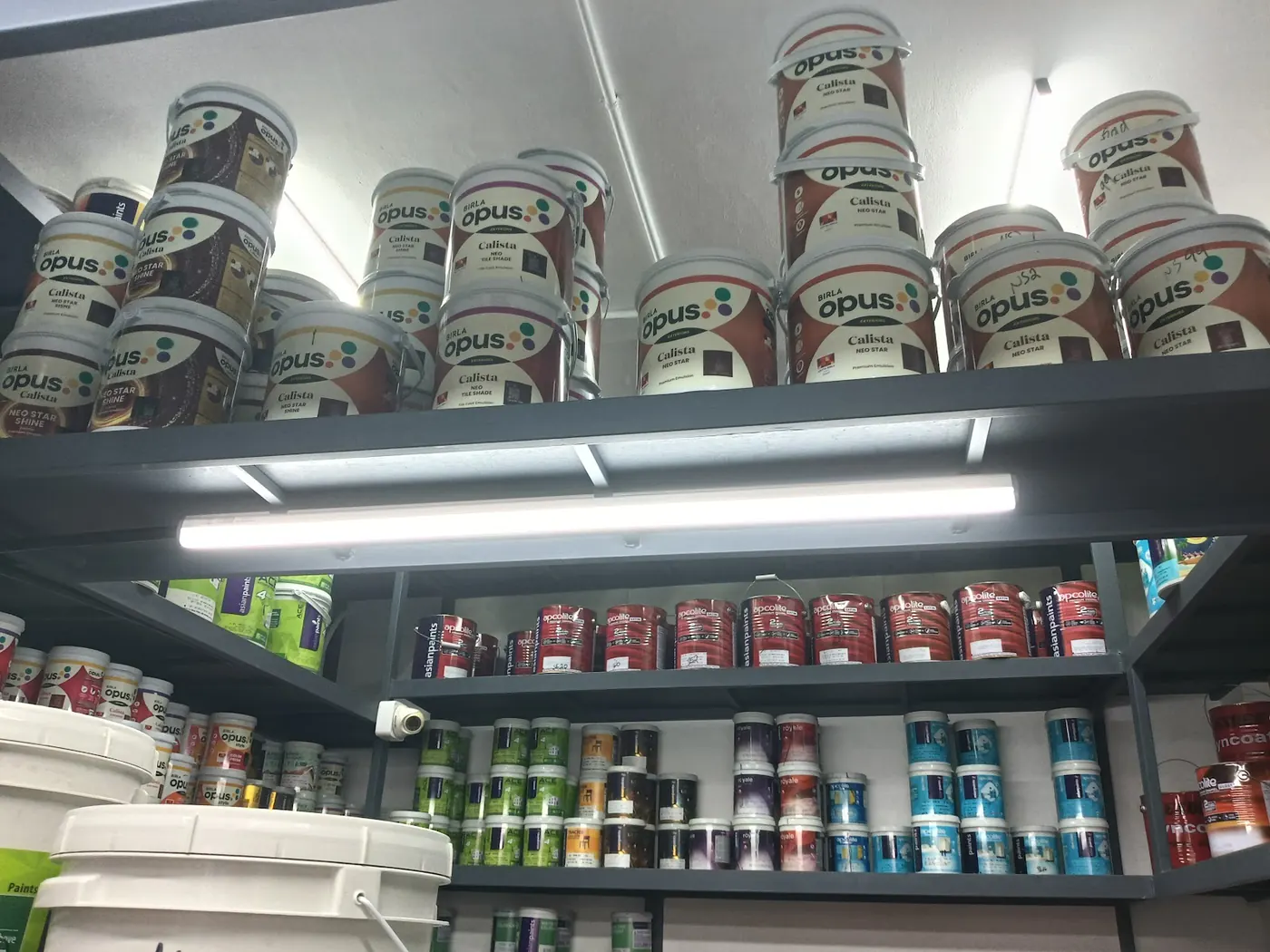 Birla Opus Calista paint buckets on shelves